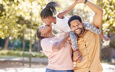 Buy stock photo Happiness, walking and park with black family together for summer holiday, freedom and love. Nature, vacation and happy family with child on father shoulders in the countryside walk for fun break