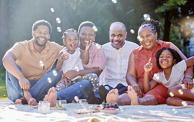 Buy stock photo Portrait, happy black family and picnic in summer happiness and bubbles in nature fun and bonding time. Joyful African people smile together in group generations and moments relaxing in the outdoors