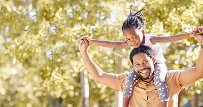 Buy stock photo Family walk, summer nature and smile for camping in park during holiday, happy on vacation with girl and walking in green field together. Portrait of African dad and kid relax while hiking 