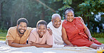 Family picnic, park portrait and happy parents with children in summer, happiness in nature garden together and smile for relax in spring. Black woman and black man with young people in countryside