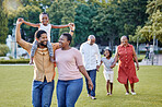 Generation of happy family walking in park, garden and summer nature outdoors to relax, bond and quality time sunny day. Black people with grandparents, parents and children in love, care and support