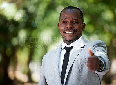 Buy stock photo Portrait, smile and happy businessman with thumbs up for achievement, goal and success in his corporate job while outdoor in a park. Employee with hand sign or icon for thank you, winner and vote