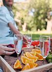 Outdoor, champagne and fruit for picnic in the park with friends for health, brunch and relax. Summer, food and glass of wine with women in the countryside garden for nature, social event and party