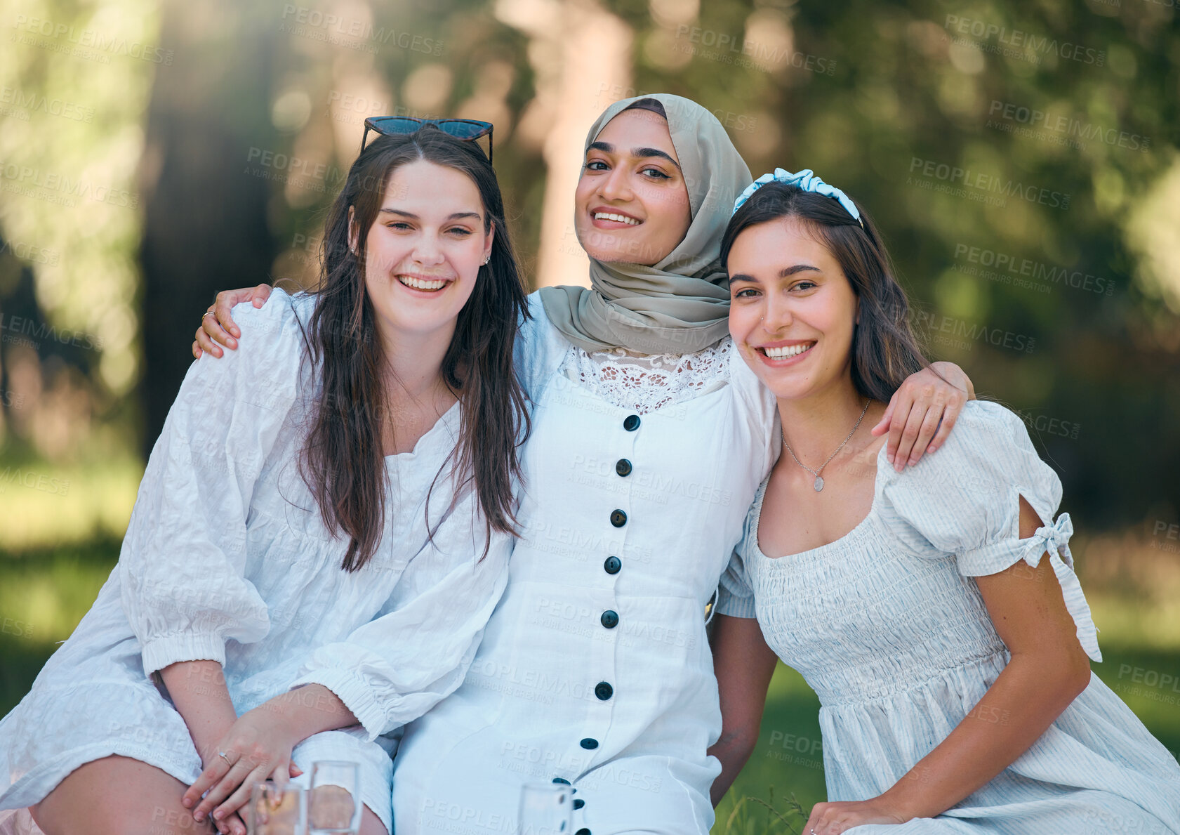 Buy stock photo Love, friends and girl portrait at park for social get together  outdoor fun experience. Bonding and relaxing in garden with caring, happy and young women in friendship with muslim person.