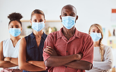 Buy stock photo Covid, face mask and colleagues standing for safety and health in creative office with diversity, hygiene and leadership. Portrait of business people in healthy workplace during coronavirus