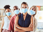 Covid business people, team portrait and staff with face mask for safety, health and corona virus risk in agency. Woman manager in pandemic with diversity office team, group workers and employees 