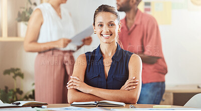 Buy stock photo Business woman, happy portrait and smile entrepreneur at desk in modern office startup agency. Young female professional worker, designer and manager with career motivation, vision and job happiness