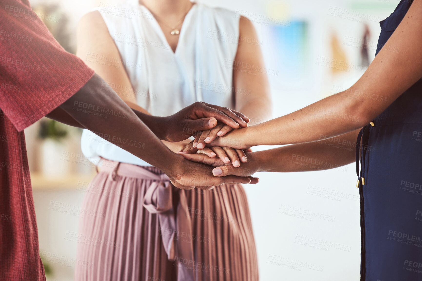 Buy stock photo Team building, support and goals with hands of business people standing together in collaboration, mission and trust. Teamwork, community and diversity with employees and stack palms for unity