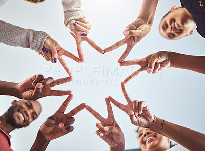 Buy stock photo Friends doing a star with hands, with synergy as a team at a team building event and being outdoors in the sun. Business success means productive staff, showing unity and using collaboration 