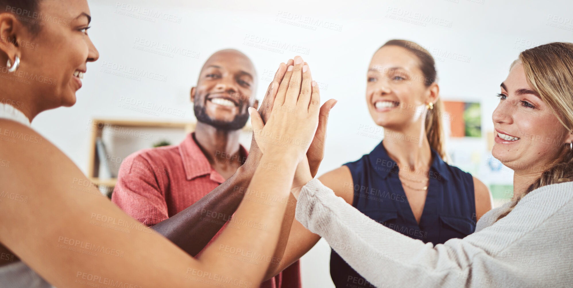 Buy stock photo High five, business teamwork and global success with black man, women and creative collaboration. Smile, happy and excited people, worker and employee in diversity office with b2b sales deal support