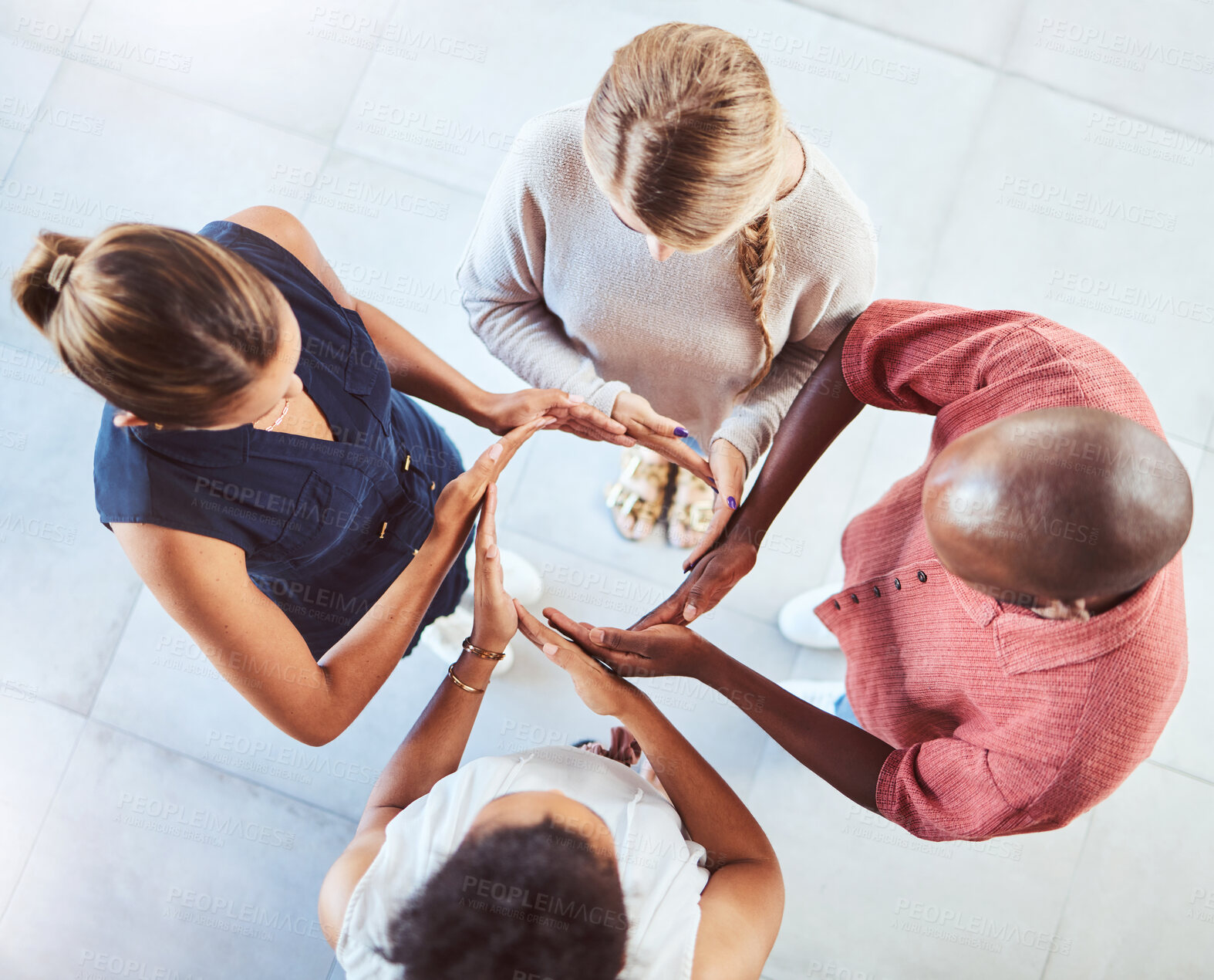 Buy stock photo Team building, community and hands in circle for support, trust and teamwork for networking, collaboration and trust. Business people, diversity or employee with motivation, vision and global success