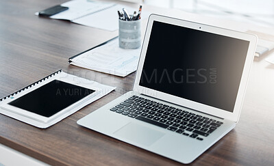 Buy stock photo Office, laptop and screen on a desk with computer and notebook for new recruit. Table, stationery and an organized setup for productivity at work. Ready to start a new business project at startup