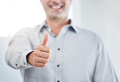 Buy stock photo Businessman thumbs up, vote or like hand emoji for promotion, success or trust. Professional thank you, yes or support sign or icon for agreement, social media review or happy with job
