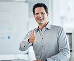 Portrait of happy business man with thumbs up or smile for good work and congrats on job promotion success. Yes or motivation from marketing or advertising employee worker for target goal achievement