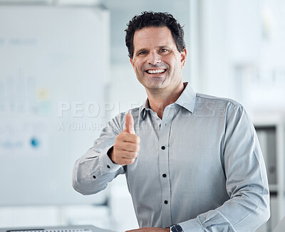 Buy stock photo Portrait of happy business man with thumbs up or smile for good work and congrats on job promotion success. Yes or motivation from marketing or advertising employee worker for target goal achievement