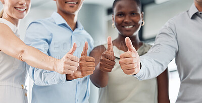 Buy stock photo Success, collaboration and team thumbs up of diversity group of office workers happy in a office. Business smile, employee teamwork and yes hands gesture and community work support and thank you