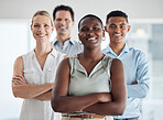 Diversity, team and teamwork success of business workers together proud of company growth. Portrait of a happy, smile and corporate employee group with a black woman manager and work community