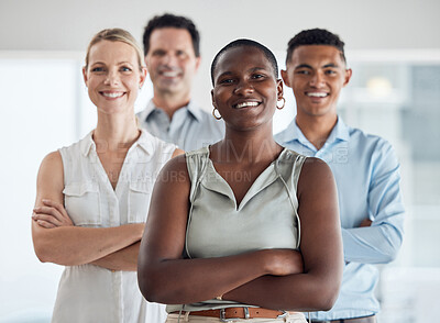 Buy stock photo Diversity, black woman and leader success of business workers together proud of company growth. Portrait of a happy, smile and corporate employee group with a staff manager and work community