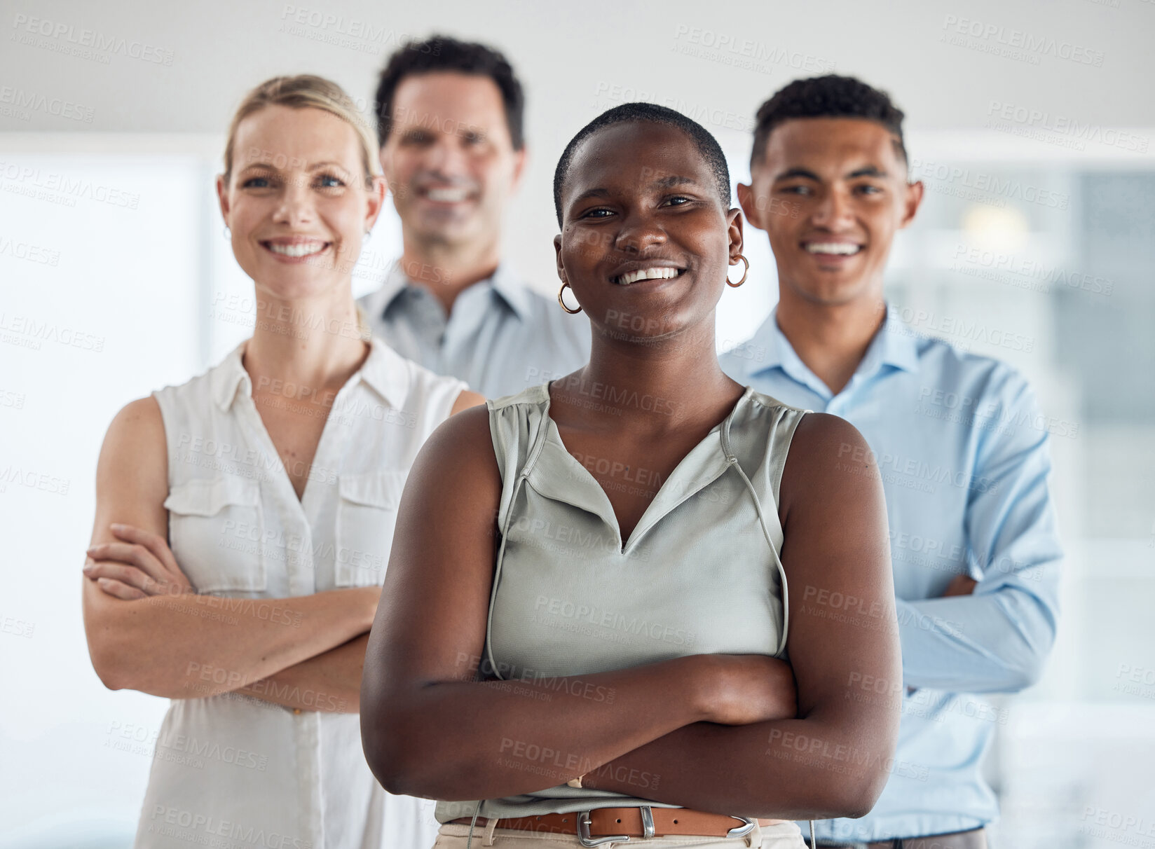 Buy stock photo Diversity, black woman and leader success of business workers together proud of company growth. Portrait of a happy, smile and corporate employee group with a staff manager and work community
