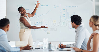 Buy stock photo Presentation, business meeting or black woman leader on whiteboard for strategy, training and planning KPI growth mission. Business people with analytics, sales data analytics or analysis in workshop
