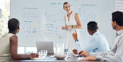 Buy stock photo Presentation, training and data with a female leader, manager or CEO and her team in a meeting for strategy and planning. Collaboration and teamwork during a seminar or workshop for development