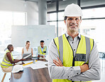 Construction worker, engineer and architecture success man with planning strategy for architecture building or construction vision. Industry development manager or contractor with leadership