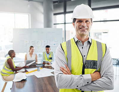 Buy stock photo Construction worker, engineer man and architecture leader or boss with planning strategy for architecture building or construction vision. Industry development manager or contractor with leadership