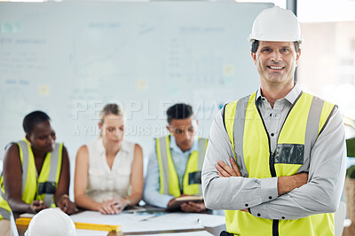 Buy stock photo Engineer man or architect success leader with team planning strategy for architecture building and engineering vision. Industry development manager or contractor with leadership, diversity and trust