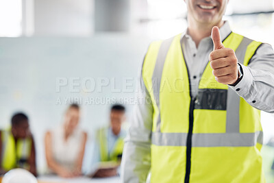 Buy stock photo Thumbs up, success and happy architect man standing against a blurred background. Support, welcome or thank you with industrial construction designer designing a building architecture project at work