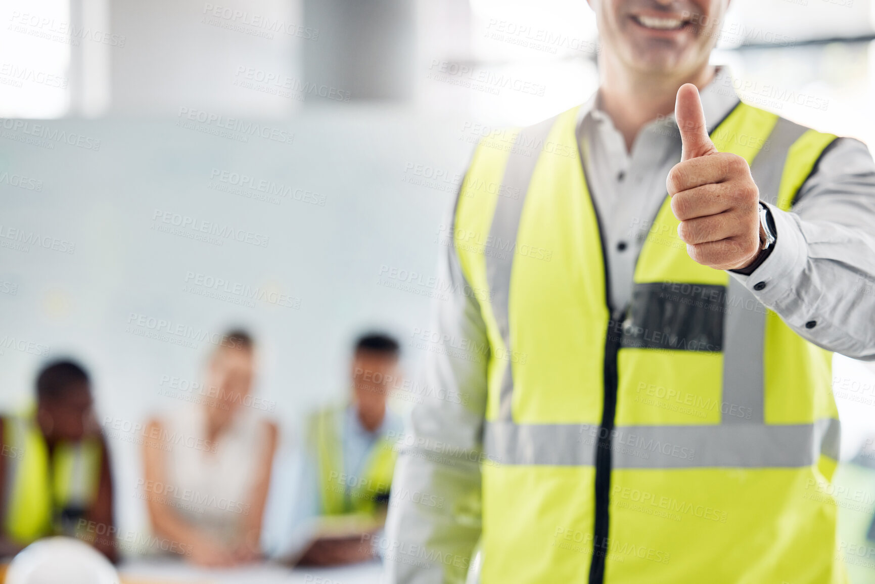 Buy stock photo Thumbs up, success and happy architect man standing against a blurred background. Support, welcome or thank you with industrial construction designer designing a building architecture project at work