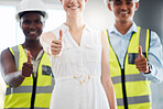 Thumbs up, hands or success for manager of construction worker, engineer or architect diversity. Collaboration, leader or trust gesture for building designer woman with teamwork or real estate vision