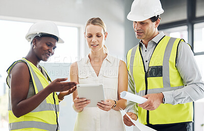 Buy stock photo Manager on a digital tablet with her construction team in her modern office on the work site. Happy, professional and industry workers reading and consulting on engineering documents on mobile device