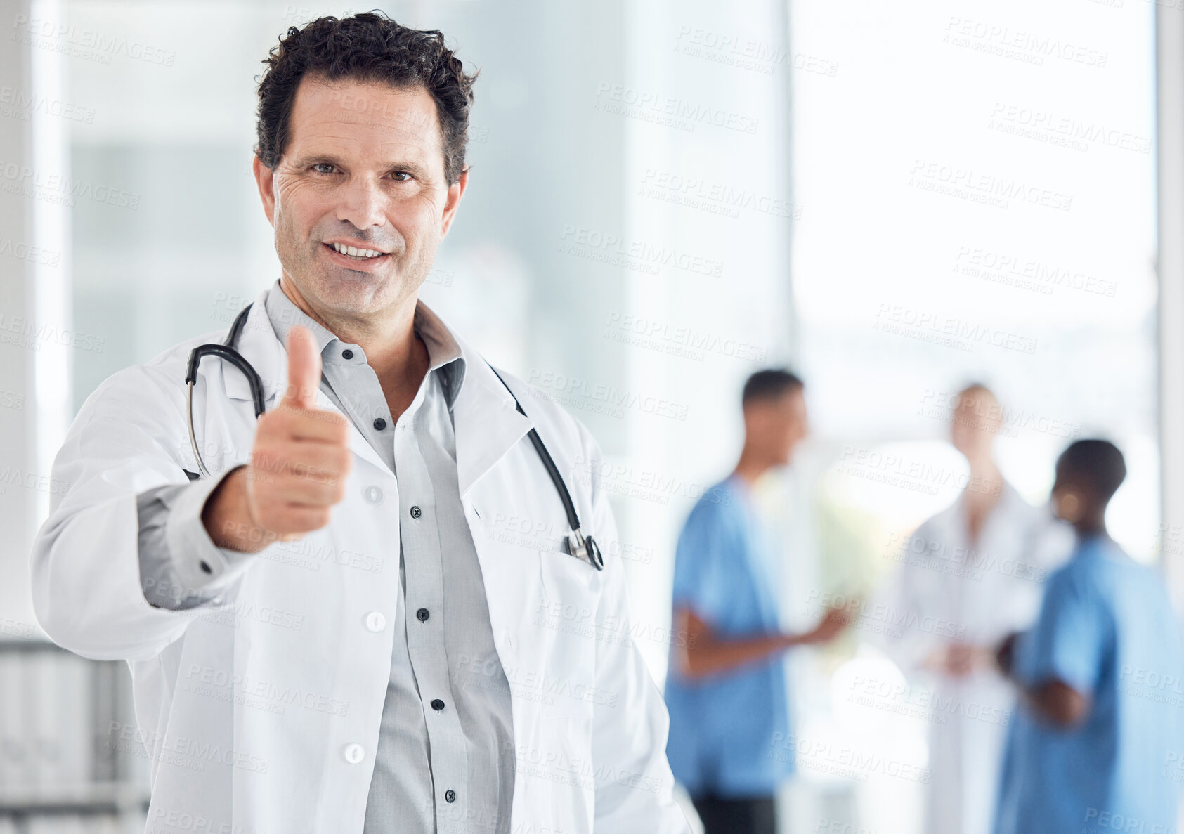 Buy stock photo Trust, medical and thumbs up with doctor in hospital for support, agreement and success. Thank you, goals and yes with healthcare professional in clinic for motivation, medicine or expert innovation
