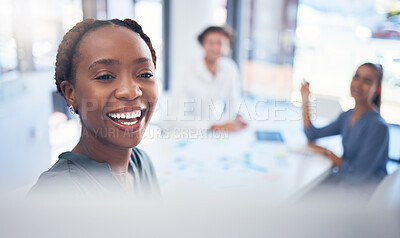 Buy stock photo Black woman manager and business people with  whiteboard presentation, planning and meeting for company budget. Happy African corporate success, strategy and  leadership of global marketing agency