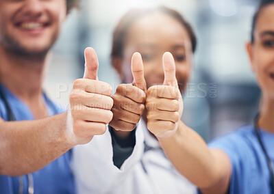 Buy stock photo Doctors, nurses or thumbs up hands in success, teamwork collaboration or trust with medical winner goal. Zoom on thank you, motivation and vote emoji on man and support women in healthcare hospital