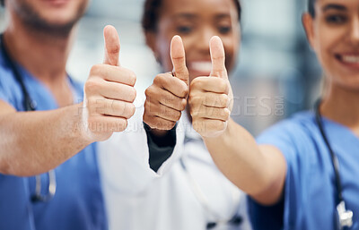 Buy stock photo Doctors, nurses or thumbs up hands in success, teamwork collaboration or trust with medical winner goal. Zoom on thank you, motivation and vote sign on man and support women in healthcare hospital