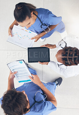 Buy stock photo Doctors and nurse meeting with tablet, finance report and hospital growth chart document planning and analysis. Group of people in medical healthcare communication of clinic budget with technology