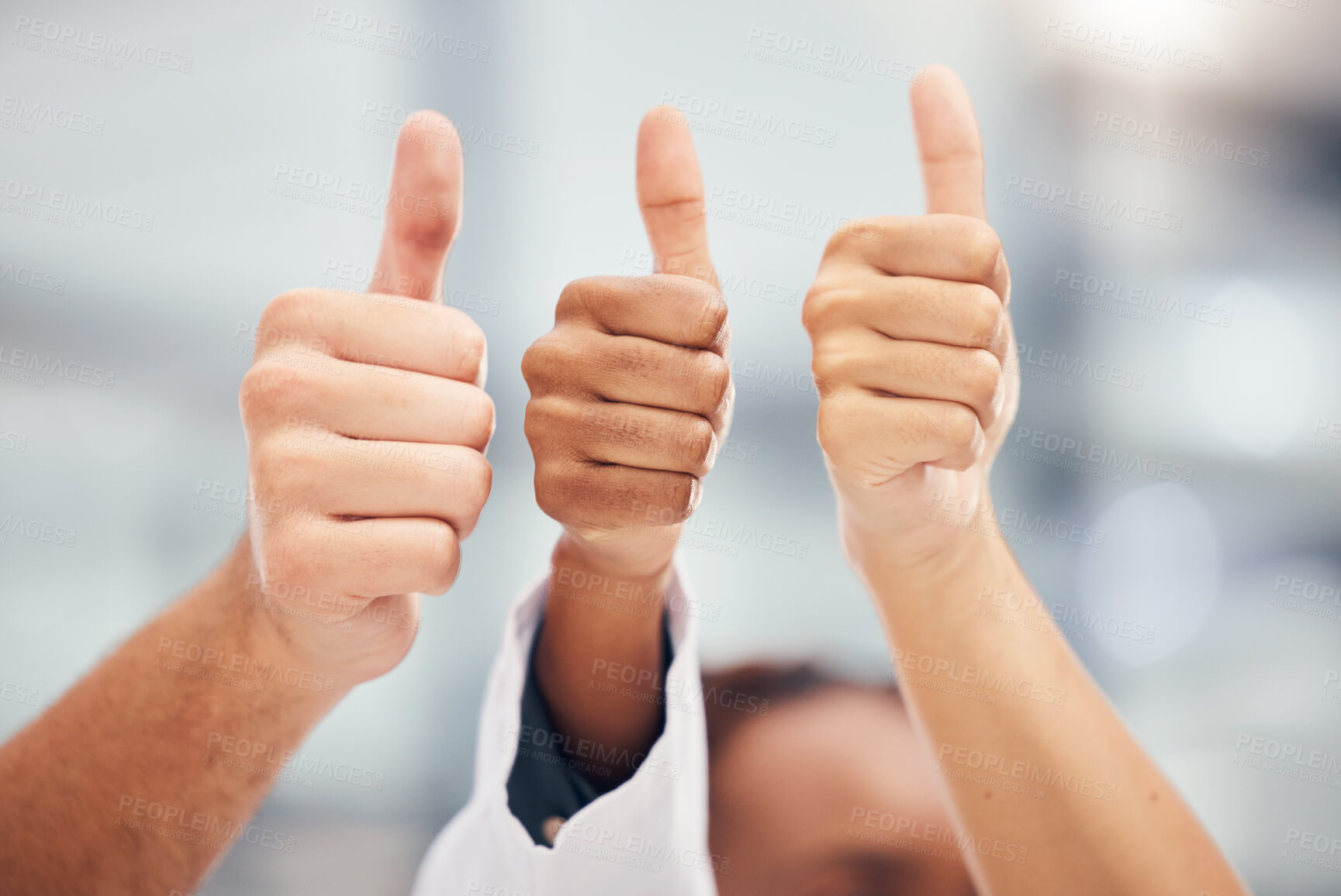 Buy stock photo Yes, success or thank you thumbs up hand sign of workers happy about work goal or target completion. Winner, teamwork agreement or team win of business people with diversity and motivation together
