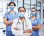 Team of medical doctors, covid hospital healthcare response and cardiology staff diversity. Corona virus disease clinic, young professional nurse and proud expert surgeon in protection face mask