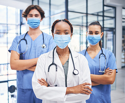 Buy stock photo Team of medical doctors, covid hospital healthcare response and cardiology staff diversity. Corona virus disease clinic, young professional nurse and proud expert surgeon in protection face mask