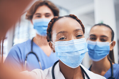 Buy stock photo Covid, selfie and medical healthcare team happy about teamwork in a hospital or clinic. Portrait of a black woman doctor with nurse group together ready to start on employee collaboration or surgery