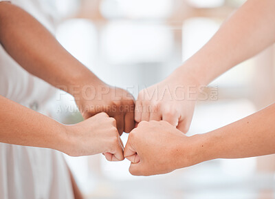 Buy stock photo Fist bump teamwork, motivation and collaboration or hands emoji sign for commitment, solidarity and goal. Diversity business people group or community together in support, motivation or mission