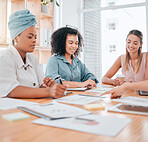 Paperwork, corporate and women team consulting in an office for a business collaboration. Diversity, teamwork and business people in a meeting working on a project or strategy with company documents