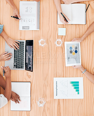 Buy stock photo Collaboration, marketing and technology with a business team during a meeting in their office with a laptop, tablet and paperwork. Teamwork and advertising with a group planning for future growth