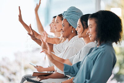 Buy stock photo Business women question hands raised in diversity, inclusion and empowerment workshop training or team meeting. Group of people or audience in a convention seminar discussion with development ideas