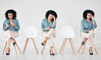 Buy stock photo Woman on phone after business job interview, angry or frustrated after being rejected by hr and becomes overwhelmed getting a notification via text. Talent, experience and standing out is a priority 