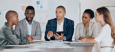 Buy stock photo Leadership, planning and talking about ideas with marketing, advertising or finance team using tablet in corporate office. Business people together for collaboration, teamwork and project management