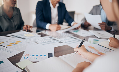 Buy stock photo Marketing, advertising or finance team planning meeting with document in a corporate work office. Collaboration, teamwork and project management logistics of business people in a startup company