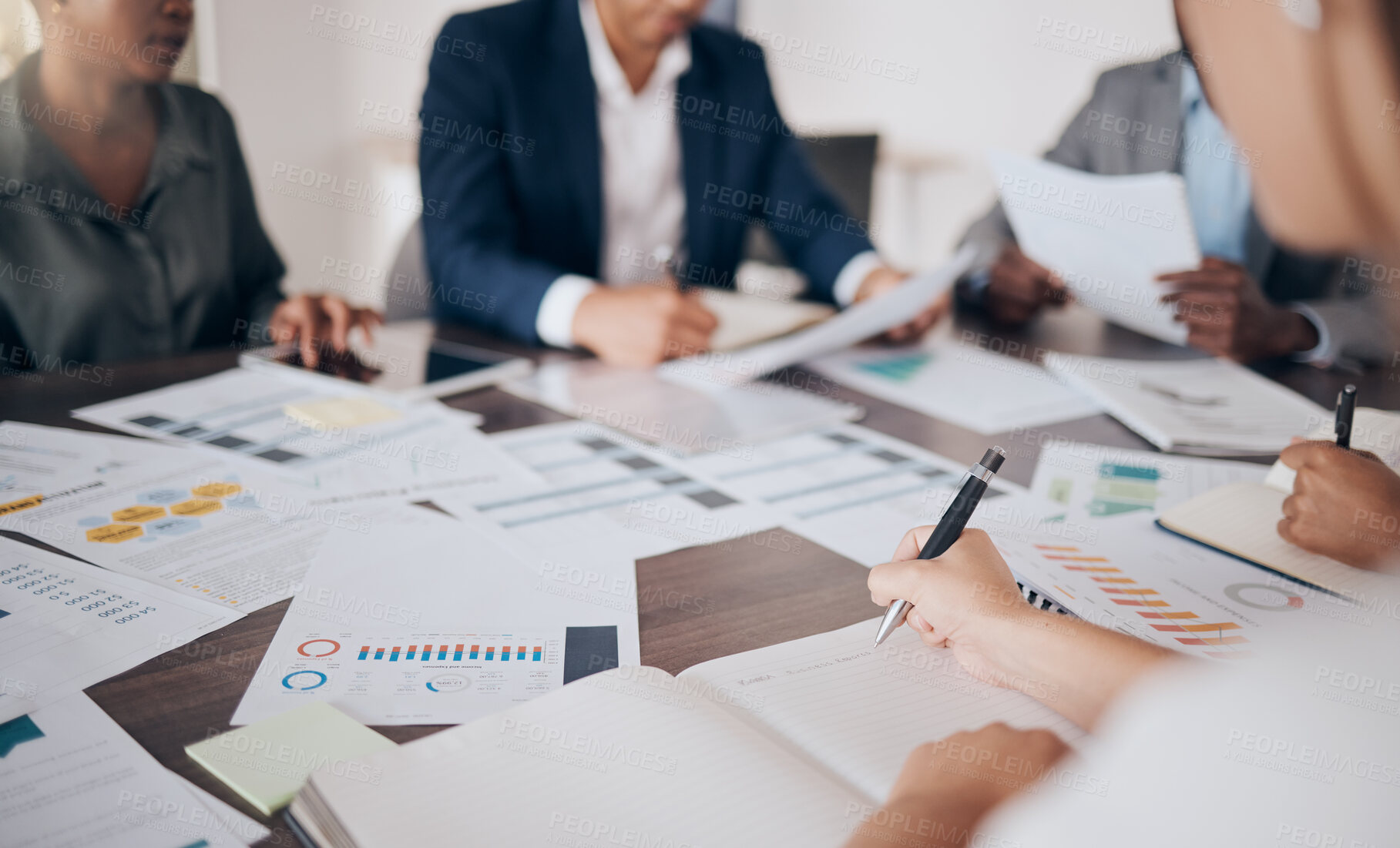 Buy stock photo Marketing, advertising or finance team planning meeting with document in a corporate work office. Collaboration, teamwork and project management logistics of business people in a startup company