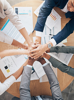 Buy stock photo Team hands, support and work motivation of business workers working with financial data. Finance collaboration, teamwork and accounting employee group together planning a project with tax documents